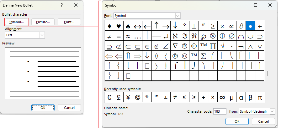 Define new bullet dilog in Word